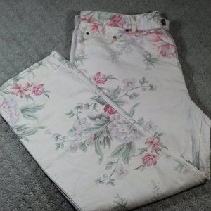 Vintage Lauren Ralph Lauren Size 10 Cream Floral Linen Blend Cropped Pants